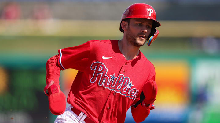 Feb 28, 2023; Clearwater, Florida, USA; Philadelphia Phillies shortstop Trea Turner (7) rounds third