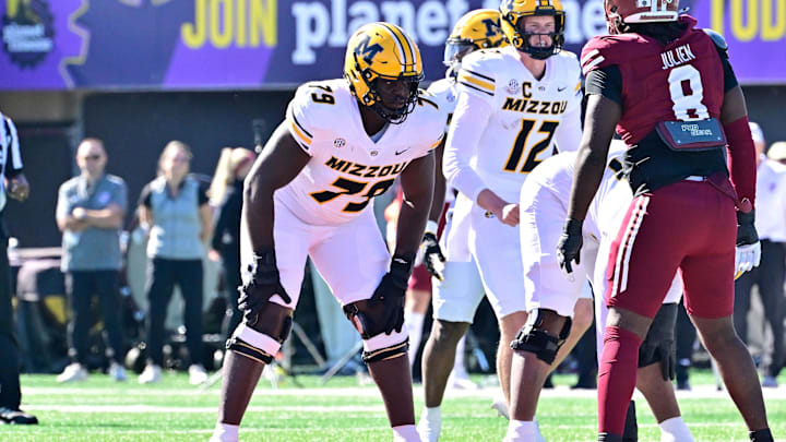 Oct 12, 2024; Amherst, Massachusetts, USA; Missouri Tigers offensive lineman Armand Membou (79) lines up against the Massachusetts Minutemen during the first half at Warren McGuirk Alumni Stadium. Mandatory Credit: Eric Canha-Imagn Images