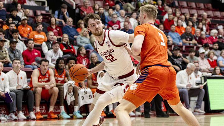 Feb 4, 2026; Stanford, California, USA;  Clemson Tigers forward Chase Thompson (3) defends Stanford Cardinal forward Aidan Cammann (52) during the first half at Maples Pavilion. Mandatory Credit: John Hefti-Imagn Images