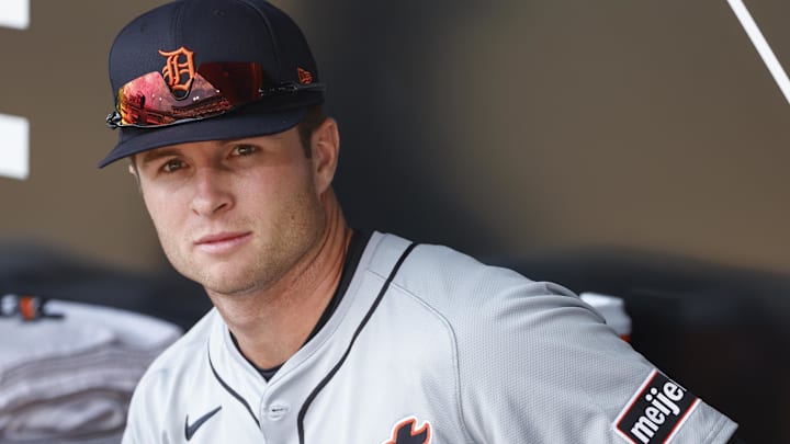 Detroit Tigers second baseman Colt Keith (33) sits in the dugout ahead of his MLB debut on Opening Day against the Chicago White Sox.