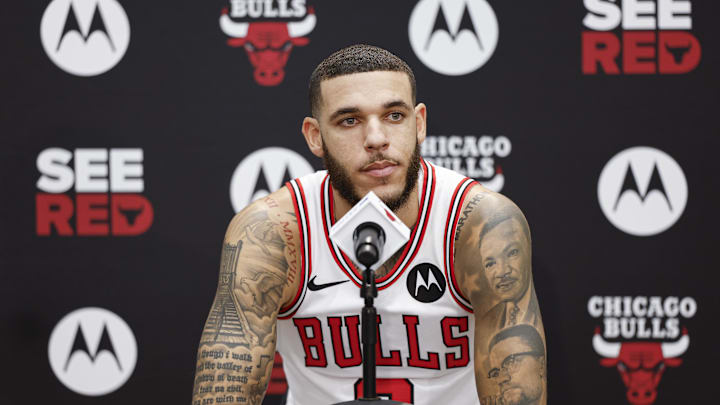 Chicago Bulls guard Lonzo Ball (2) speaks to the press during Media Day. 