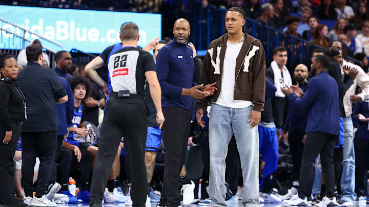 Orlando Magic forward Paolo Banchero (5) receives a technical foul from referee JB DeRosa (22) against the Philadelphia 76ers in the fourth quarter at Kia Center.