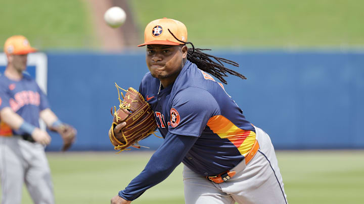 Feb 26, 2025; West Palm Beach, Florida, USA; Houston Astros pitcher Framber Valdez (59) throws a pitch during the first inning against the Washington Nationals at CACTI Park of the Palm Beaches. 