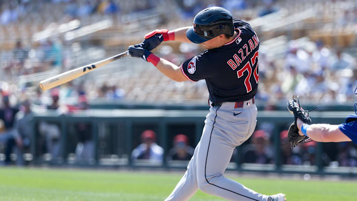 Feb 24, 2026; Phoenix, Arizona, USA; Cleveland Guardians second baseman Travis Bazzana hits a three run home run against the Los Angeles Dodgers during a spring training game at Camelback Ranch-Glendale. Mandatory Credit: Mark J. Rebilas-Imagn Images Feb 24, 2026; Phoenix, Arizona, USA; Cleveland Guardians second baseman Travis Bazzana hits a three run home run against the Los Angeles Dodgers during a spring training game at Camelback Ranch-Glendale. Mandatory Credit: Mark J. Rebilas-Imagn Images