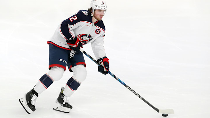 Jan 7, 2025; Pittsburgh, Pennsylvania, USA; Columbus Blue Jackets defenseman Jake Christiansen (2) warms up before the game against the Pittsburgh Penguins at PPG Paints Arena. Mandatory Credit: Charles LeClaire-Imagn Images