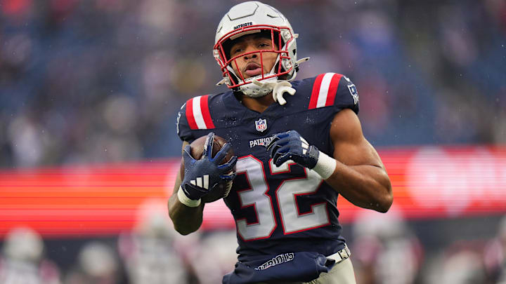 Jan 18, 2026; Foxborough, MA, USA; New England Patriots running back TreVeyon Henderson (32) warms up before an AFC Divisional Round game against the Houston Texans at Gillette Stadium. Mandatory Credit: David Butler II-Imagn Images