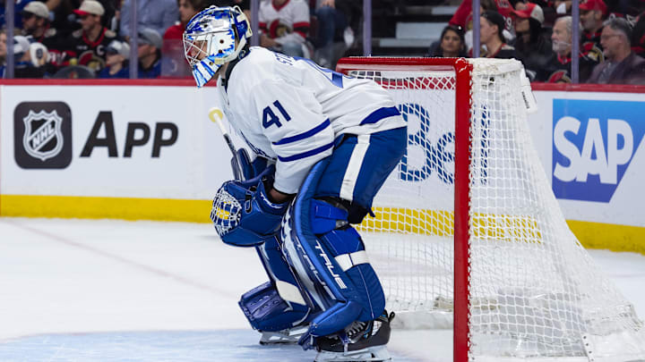 Apr 24, 2025; Ottawa, Ontario, CAN; Toronto Maple Leafs goalie Anthony Stolarz (41) looks up the ice in game three of the first round of the 2025 Stanley Cup Playoffs against the  Ottawa Senators at Canadian Tire Centre. Mandatory Credit: Marc DesRosiers-Imagn Images