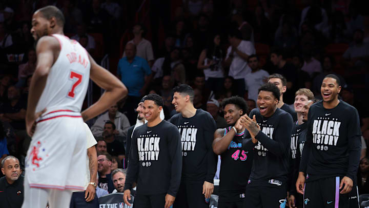 Feb 28, 2026; Miami, Florida, USA; Miami Heat forward Myron Gardner (15) reacts toward Houston Rockets forward Kevin Durant (7) during the fourth quarter at Kaseya Center. Mandatory Credit: Sam Navarro-Imagn Images