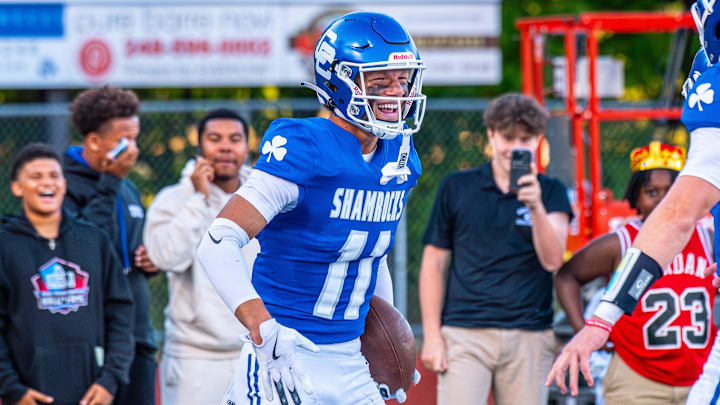 Detroit Catholic Central's Gideon Gash celebrates a touchdown during a football game on Friday, Aug. 29, 2025.