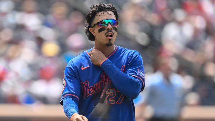 Mets first baseman Mark Vientos (27) reacts after striking out against the Phillies during the fourth inning. Mets first baseman Mark Vientos (27) reacts after striking out against the Phillies during the fourth inning.