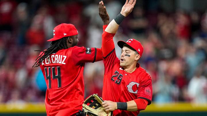 Cincinnati Reds shortstop Elly de la Cruz (44) and center fielder TJ Friedl (29) celebrate a win after the ninth inning of the MLB Interleague game between the Cincinnati Reds and the Detroit Tigers at Great American Ball Park in downtown Cincinnati on Saturday, April 25, 2026. The Reds won the second game of the series, 9-2. Cincinnati Reds shortstop Elly de la Cruz (44) and center fielder TJ Friedl (29) celebrate a win after the ninth inning of the MLB Interleague game between the Cincinnati Reds and the Detroit Tigers at Great American Ball Park in downtown Cincinnati on Saturday, April 25, 2026. The Reds won the second game of the series, 9-2.