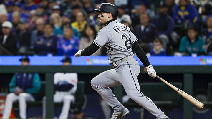 May 19, 2026; Seattle, Washington, USA; Chicago White Sox right fielder Jarred Kelenic (24) hits a single against the Seattle Mariners during the eighth inning at T-Mobile Park. Mandatory Credit: Joe Nicholson-Imagn Images