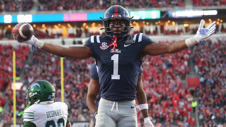 Dec 20, 2025; Oxford, MS, USA; Mississippi Rebels wide receiver De'Zhaun Stribling (1) reacts after catching a touchdown against the Tulane Green Wave during the second half of a game at Vaught-Hemingway Stadium. Mandatory Credit: Petre Thomas-Imagn Images Dec 20, 2025; Oxford, MS, USA; Mississippi Rebels wide receiver De'Zhaun Stribling (1) reacts after catching a touchdown against the Tulane Green Wave during the second half of a game at Vaught-Hemingway Stadium. Mandatory Credit: Petre Thomas-Imagn Images