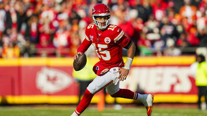 Patrick Mahomes searches for an open receiver during the Kansas City Chiefs' 27-19 win over the Houston Texans on December 21, 2024. Patrick Mahomes searches for an open receiver during the Kansas City Chiefs' 27-19 win over the Houston Texans on December 21, 2024.