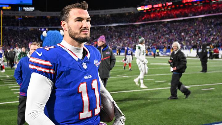 Jan 4, 2026; Orchard Park, New York, USA; Buffalo Bills quarterback Mitchell Trubisky (11) looks on after the game against the New York Jets at Highmark Stadium. Mandatory Credit: Mark Konezny-Imagn Images