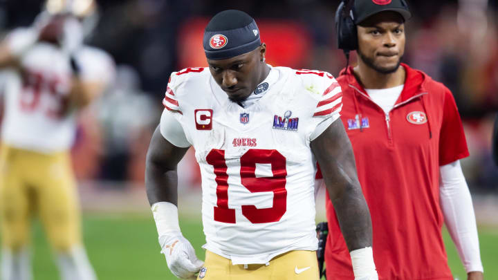 Feb 11, 2024; Paradise, Nevada, USA; San Francisco 49ers wide receiver Deebo Samuel (19) reacts against the Kansas City Chiefs in Super Bowl LVIII at Allegiant Stadium. Mandatory Credit: Mark J. Rebilas-USA TODAY Sports Feb 11, 2024; Paradise, Nevada, USA; San Francisco 49ers wide receiver Deebo Samuel (19) reacts against the Kansas City Chiefs in Super Bowl LVIII at Allegiant Stadium. Mandatory Credit: Mark J. Rebilas-USA TODAY Sports