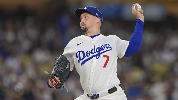 Sep 10, 2025; Los Angeles, California, USA; Los Angeles Dodgers starting pitcher Blake Snell (7) throws a pitch against Colorado Rockies in the first inning at Dodger Stadium. Mandatory Credit: Jayne Kamin-Oncea-Imagn Images