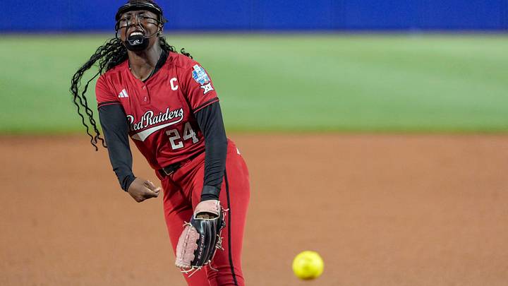 Texas Tech pitcher Nijaree Canady (24) pitches in the first inning of the second softball game between Texas Tech and Alabama at the Women’s College World Series at Devon Park in Oklahoma City, on Monday, June 1, 2026. Texas Tech pitcher Nijaree Canady (24) pitches in the first inning of the second softball game between Texas Tech and Alabama at the Women’s College World Series at Devon Park in Oklahoma City, on Monday, June 1, 2026.