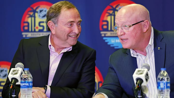 Feb 4, 2023; Sunrise, Florida, USA; NHL commissioner Gary Bettman (left) and NHL deputy commissioner Bill Daly (right) talk to the media before the 2023 NHL All-Star Game at FLA Live Arena. Mandatory Credit: Sam Navarro-Imagn Images