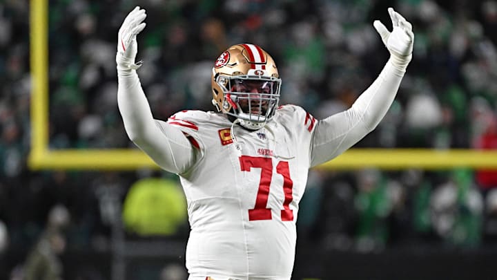 Jan 11, 2026; Philadelphia, PA, USA; San Francisco 49ers offensive tackle Trent Williams (71) celebrates win against the Philadelphia Eagles in an NFC Wild Card Round game at Lincoln Financial Field. Mandatory Credit: Eric Hartline-Imagn Images Jan 11, 2026; Philadelphia, PA, USA; San Francisco 49ers offensive tackle Trent Williams (71) celebrates win against the Philadelphia Eagles in an NFC Wild Card Round game at Lincoln Financial Field. Mandatory Credit: Eric Hartline-Imagn Images