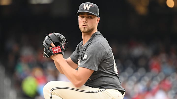 Sep 29, 2024; Washington, District of Columbia, USA; Washington Nationals starting pitcher Jake Irvin (27) prepares to throw a pitch against the Philadelphia Phillies during the first inning at Nationals Park. 