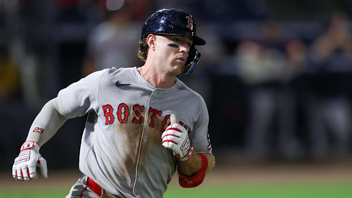 Sep 20, 2025; Tampa, Florida, USA; Boston Red Sox second baseman Romy Gonzalez (23) runs two first base  on a single against the Tampa Bay Rays in the eighth inning  at George M. Steinbrenner Field. Mandatory Credit: Nathan Ray Seebeck-Imagn Images