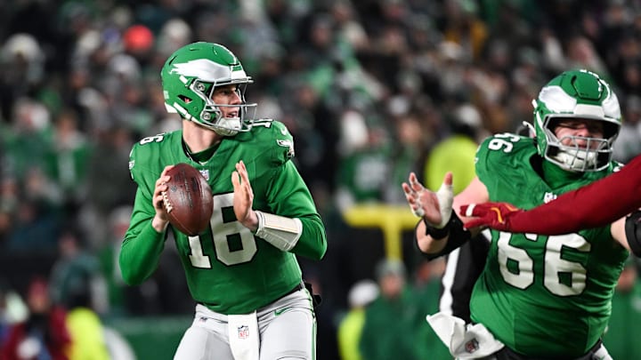 Jan 4, 2026; Philadelphia, Pennsylvania, USA; Philadelphia Eagles quarterback Tanner McKee (16) looks to pass during the second quarter against the Washington Commanders  at Lincoln Financial Field. Mandatory Credit: Eric Hartline-Imagn Images