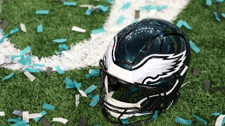 Feb 9, 2025; New Orleans, LA, USA; A Philadelphia Eagles player's helmet rests on the field after Super Bowl LIX against the Kansas City Chiefs at Caesars Superdome. Mandatory Credit: Geoff Burke-Imagn Images