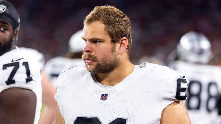 Aug 23, 2025; Glendale, Arizona, USA; Las Vegas Raiders guard Jordan Meredith (61) against the Arizona Cardinals during a preseason NFL game at State Farm Stadium. Mandatory Credit: Mark J. Rebilas-Imagn Images Aug 23, 2025; Glendale, Arizona, USA; Las Vegas Raiders guard Jordan Meredith (61) against the Arizona Cardinals during a preseason NFL game at State Farm Stadium. Mandatory Credit: Mark J. Rebilas-Imagn Images