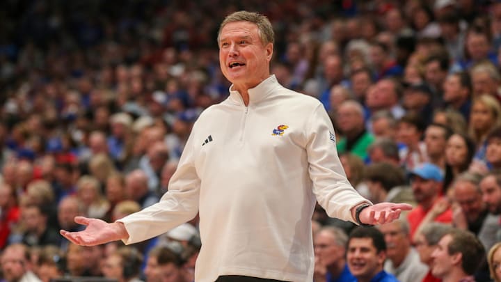 Jan 18, 2025; Lawrence, Kansas, USA; Kansas Jayhawks head coach Bill Self questions a call by the officials during the second half against the Kansas State Wildcats at Allen Fieldhouse. Mandatory Credit: Scott Sewell-Imagn Images Jan 18, 2025; Lawrence, Kansas, USA; Kansas Jayhawks head coach Bill Self questions a call by the officials during the second half against the Kansas State Wildcats at Allen Fieldhouse. Mandatory Credit: Scott Sewell-Imagn Images