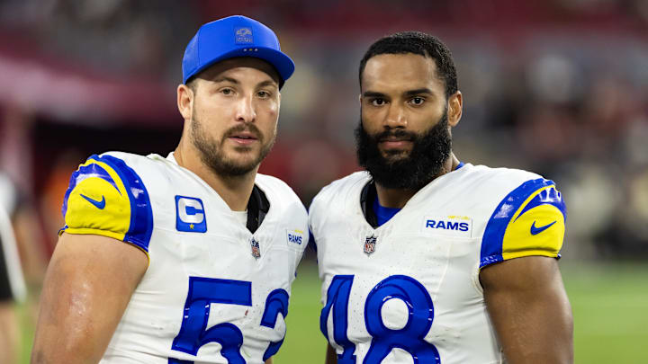 Dec 7, 2025; Glendale, Arizona, USA; Los Angeles Rams linebacker Nate Landman (53) and Omar Speights (48) against the Arizona Cardinals at State Farm Stadium. Mandatory Credit: Mark J. Rebilas-Imagn Images
