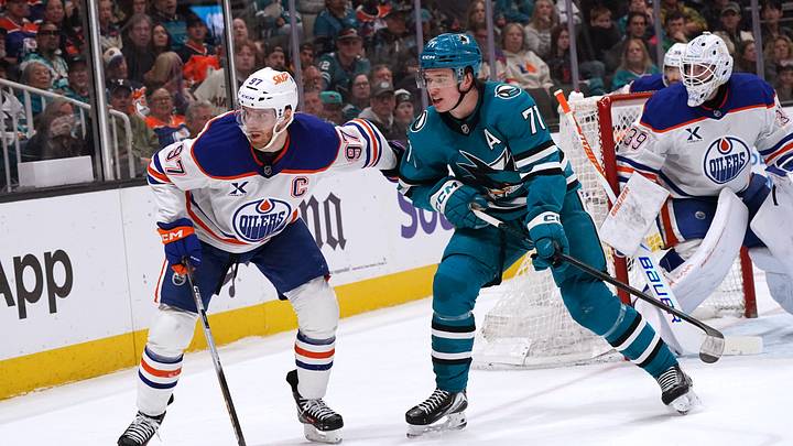 Apr 8, 2026; San Jose, California, USA; Edmonton Oilers center Connor McDavid (97) and San Jose Sharks center Macklin Celebrini (71) wait for the puck during the second period at SAP Center at San Jose. Mandatory Credit: David Gonzales-Imagn Images Apr 8, 2026; San Jose, California, USA; Edmonton Oilers center Connor McDavid (97) and San Jose Sharks center Macklin Celebrini (71) wait for the puck during the second period at SAP Center at San Jose. Mandatory Credit: David Gonzales-Imagn Images
