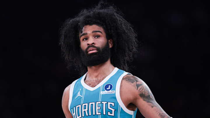 Apr 12, 2026; New York, New York, USA; Charlotte Hornets guard Coby White (3) in action against the New York Knicks during the first half at Madison Square Garden. Mandatory Credit: Vincent Carchietta-Imagn Images