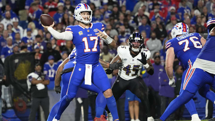 Sep 7, 2025; Orchard Park, New York, USA; Bills quarterback Josh Allen (17) looks to pass during the fourth quarter against the Baltimore Ravens at Highmark Stadium.
