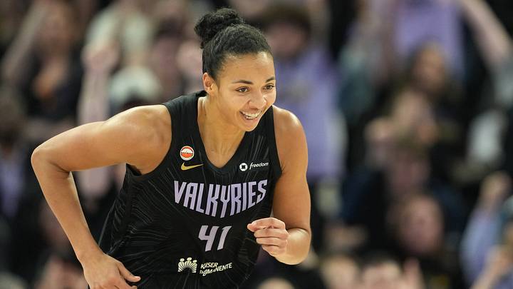 Jul 18, 2026; San Francisco, California, USA; Golden State Valkyries center Kiah Stokes (41) reacts after making a three-point basket against the Washington Mystics during the fourth quarter at Chase Center. Mandatory Credit: Darren Yamashita-Imagn Images