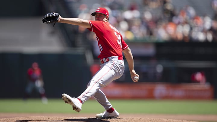 Jun 26, 2022; San Francisco, California, USA; Cincinnati Reds starting pitcher Tyler Mahle (30) delivers a pitch against the San Francisco Giants during the first inning at Oracle Park. Mandatory Credit: D. Ross Cameron-Imagn Images