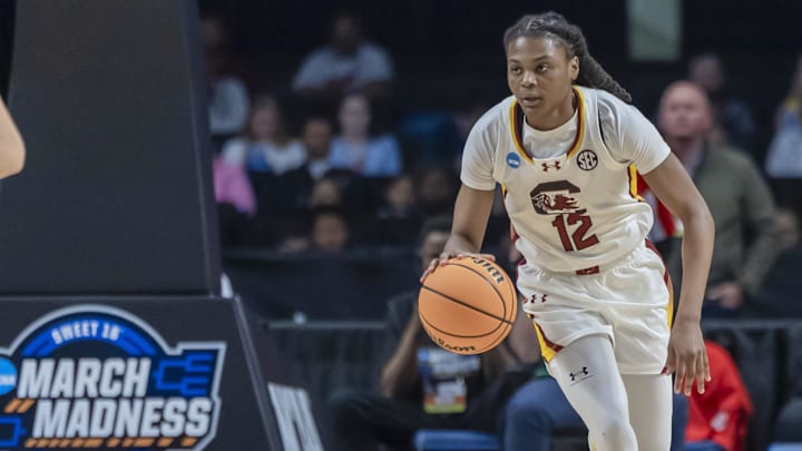 Mar 30, 2025; Birmingham, AL, USA; South Carolina Gamecocks guard MiLaysia Fulwiley (12) works the ball down the court against the Duke Blue Devils during the first half of an Elite 8 NCAA Tournament basketball game at Legacy Arena. Mandatory Credit: Vasha Hunt-Imagn Images