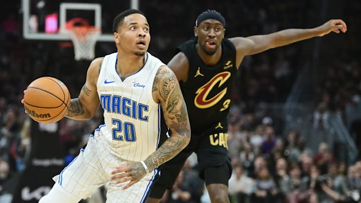 Former Husky Markelle Fultz, then with the Orlando Magic, drives to the basket against Cleveland in a 2024 game.