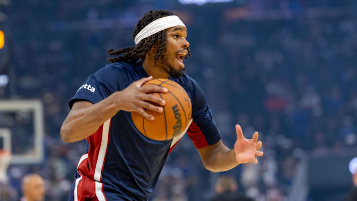 Oct 23, 2025; San Francisco, California, USA; Denver Nuggets forward DaRon Holmes II (14) warms up before the game against the Golden State Warriors at Chase Center.