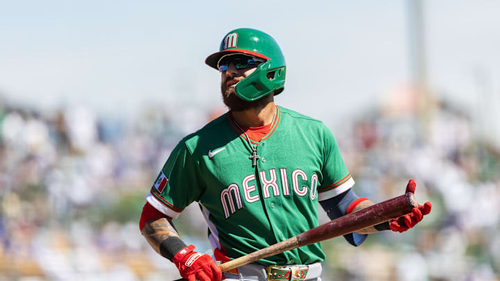 Mar 4, 2026; Glendale, AZ, USA; Team Mexico shortstop Joey Ortiz against the Los Angeles Dodgers during a spring training game at Camelback Ranch. Mandatory Credit: Mark J. Rebilas-Imagn Images