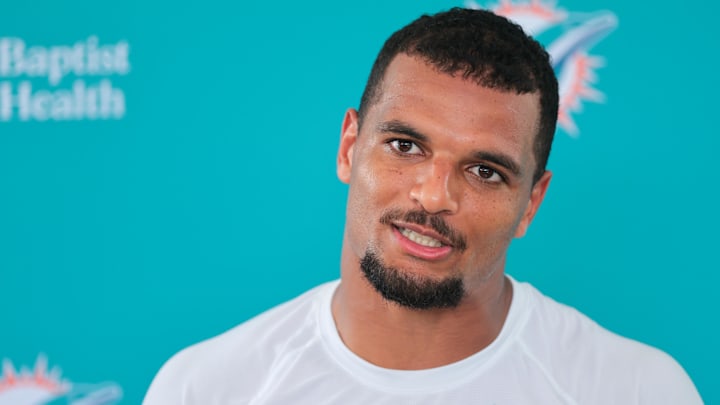 Jul 28, 2025; Miami Gardens, MI, USA; Miami Dolphins safety Minkah Fitzpatrick (29) speaks to reporters during training camp at Baptist Health Training Complex. Mandatory Credit: Sam Navarro-Imagn Images