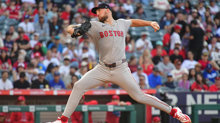 Jun 24, 2025; Anaheim, California, USA;  Boston Red Sox pitcher Garrett Crochet (35) throws against the Los Angeles Angels during the first inning at Angel Stadium. Mandatory Credit: Gary A. Vasquez-Imagn Images