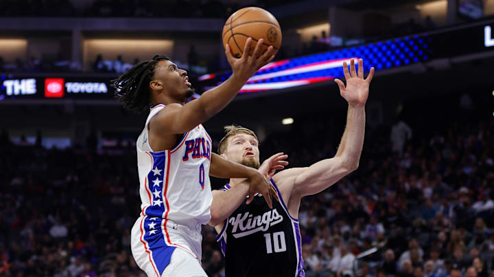 Mar 25, 2024; Sacramento, California, USA; Philadelphia 76ers guard Tyrese Maxey (0) drives to the Mar 25, 2024; Sacramento, California, USA; Philadelphia 76ers guard Tyrese Maxey (0) drives to the