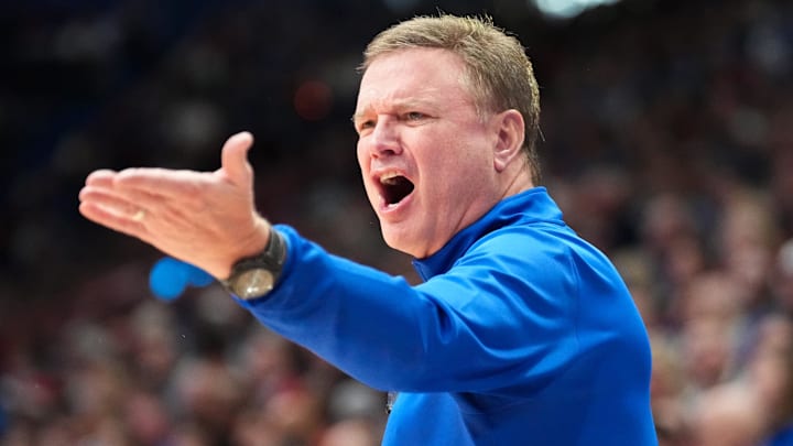 Dec 22, 2024; Lawrence, Kansas, USA; Kansas Jayhawks head coach Bill Self reacts to play against the Brown Bears during the second half at Allen Fieldhouse. Mandatory Credit: Denny Medley-Imagn Images