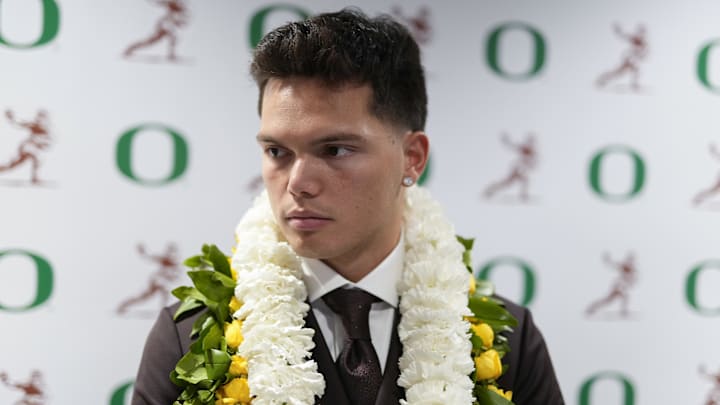 Dec 14, 2024; New York, NY, USA; Oregon Ducks quarterback Dillon Gabriel answers questions during media interviews before the 2024 Heisman Trophy Presentation. Mandatory Credit: Lucas Boland-Imagn Images
