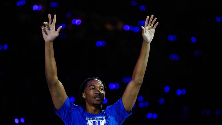 Oct 4, 2024; Durham, NC, USA; Duke Blue Devils forward Maliq Brown (6) is introduced to the fans during Countdown to Craziness at Cameron Indoor Stadium. Mandatory Credit: Jaylynn Nash-Imagn Images