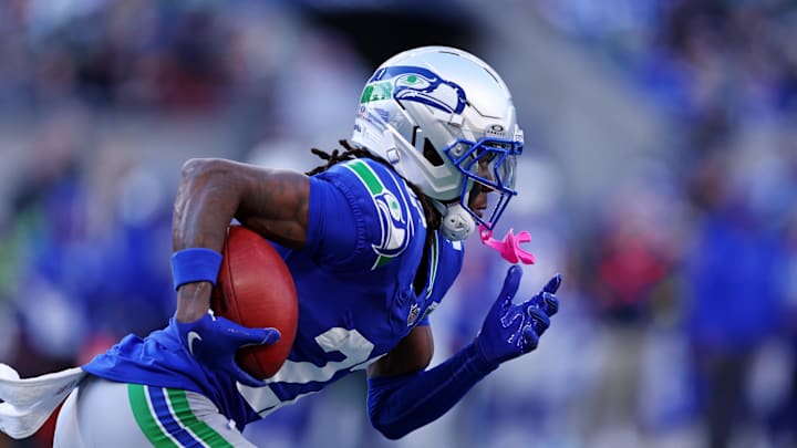 Nov 30, 2025; Seattle, Washington, USA; Seattle Seahawks wide receiver Rashid Shaheed (22) runs the ball during the second half against the Minnesota Vikings at Lumen Field. Mandatory Credit: Kevin Ng-Imagn Images