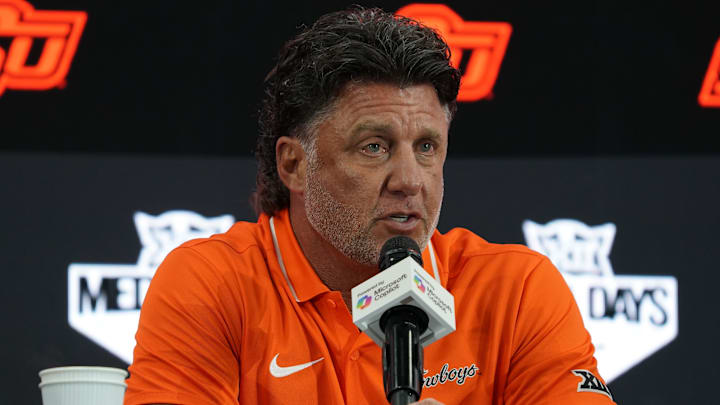 Jul 9, 2025; Frisco, TX, USA; Oklahoma State head coach Mike Gundy speaks with the media during 2025 Big 12 Football Media Days at The Star. Mandatory Credit: Raymond Carlin III-Imagn Images