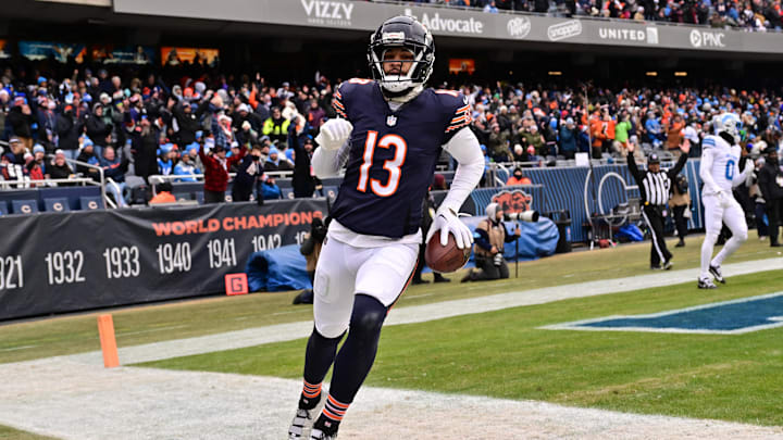 Dec 22, 2024; Chicago, Illinois, USA; Chicago Bears wide receiver Keenan Allen (13) reacts after a touchdown reception against the Detroit Lions during the second quarter at Soldier Field. Mandatory Credit: Daniel Bartel-Imagn Images