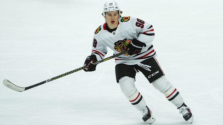 Apr 15, 2025; Ottawa, Ontario, CAN; Chicago Blackhawks center Connor Bedard (98) skates in the third period against the Ottawa Senators at the Canadian Tire Centre. Mandatory Credit: Marc DesRosiers-Imagn Images